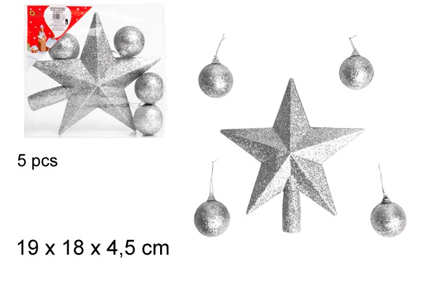 Punta de árbol estrella + 4 bolas plata purpurina