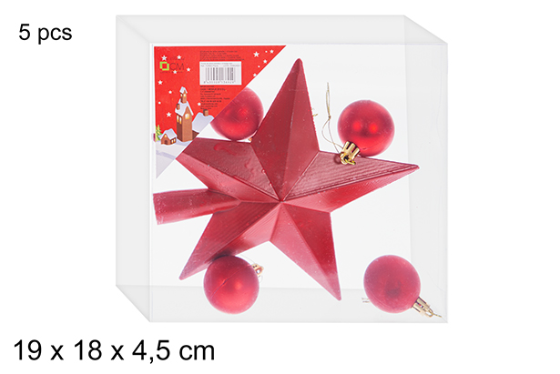 Punta de árbol estrella + 4 bolas rojo