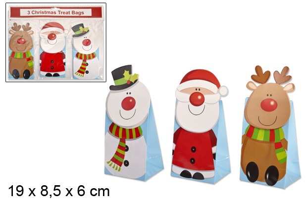 Pack 3 3D Christmas gift bags 19x8,5 cm