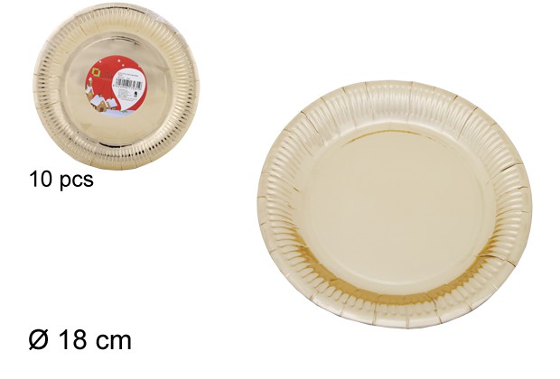 Pack 10 assiettes plates en papier de Noël dorées 18 cm