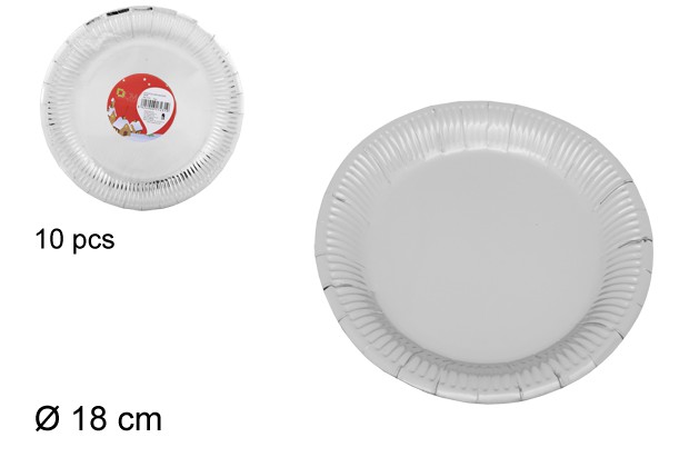 Pack 10 platos plano papel Navidad plata 18 cm