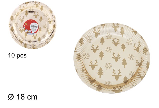 Pack 10 assiettes en papier dorées décorées de Noël 18 cm