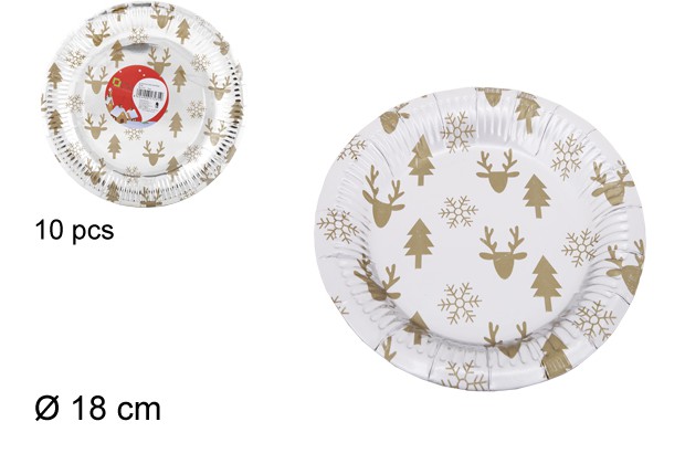 Pack 10 assiettes en papier argentées décorées de Noël 18 cm