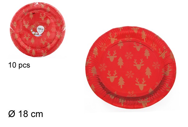 Pack 10 platos papel decorado Navidad roja 18 cm 