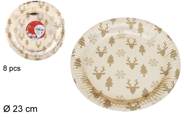 Pack 10 pratos de papel dourados decorados de Natal de 23 cm