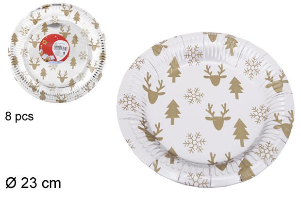 Pack 8 piatti di carta argento decorati natalizi 23 cm