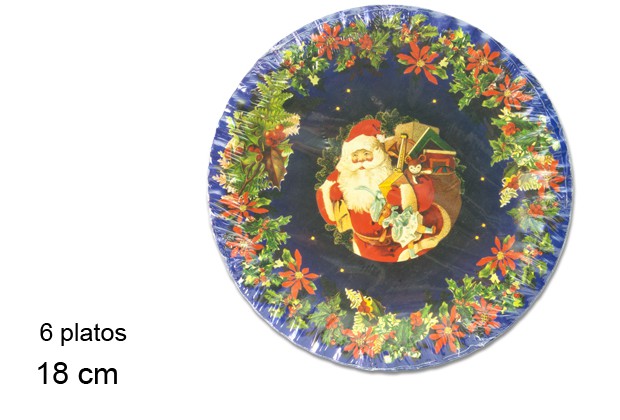 Pack 6 platos papel decorado Papa Noel Navidad 18 cm
