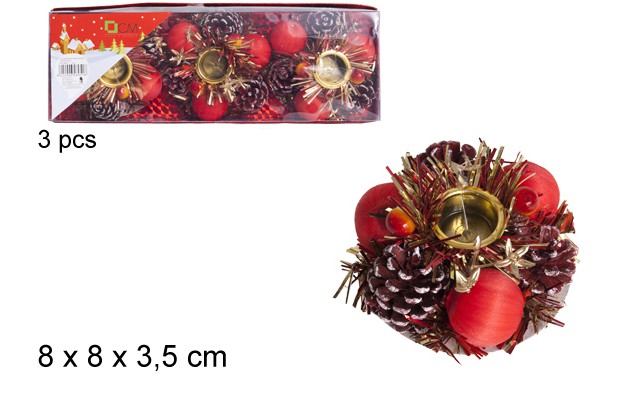 Pack 3 bougeoir de Noël rouge avec pomme de pin 8 cm