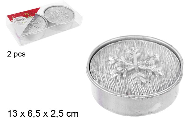 Pack 2 velas prateadas decoradas com flocos de neve de Natal 13 cm