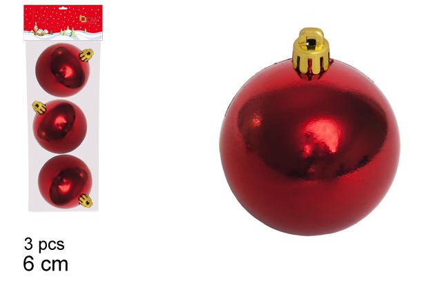 Pack 3 bolas de Natal vermelhas brilhantes 6 cm