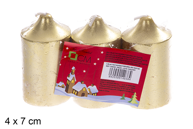 Pack 3 bougies tacos de Noël dorées 4x7 cm