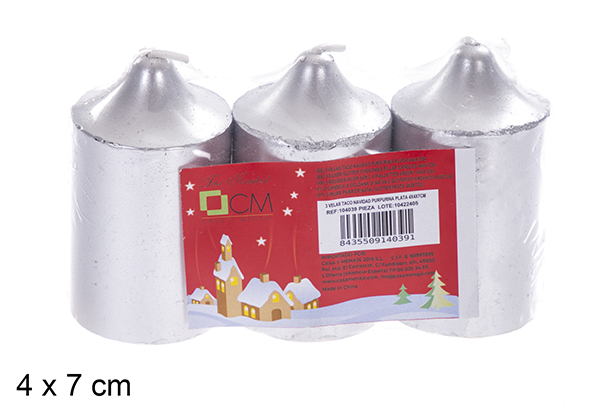 Pack 3 velas taco Navidad plata 4x7 cm