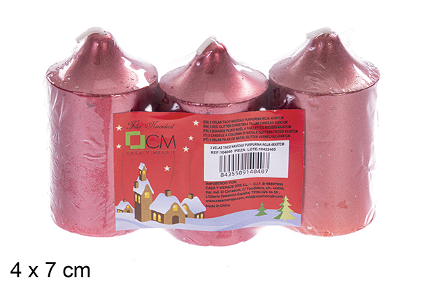 Pack 3 red Christmas taco candles 4x7 cm