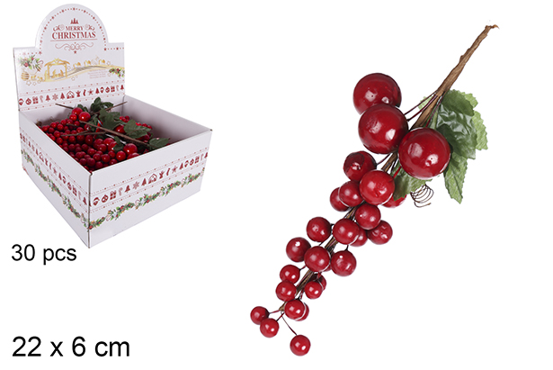 Branche baies rouges avec feuilles vertes 22x6 cm