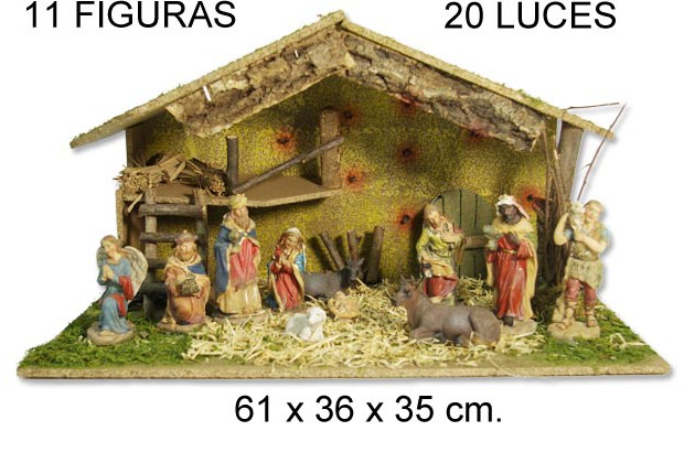 Portal de Belén con 11 figuras y 20 lucecitas 61x36 cm