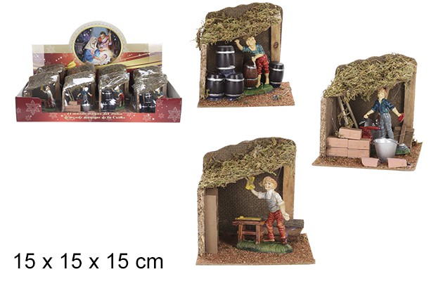 Scene of shepherds working in a wooden cabin 15x15 cm
