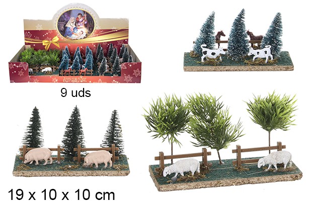 Scène animaux mangeant avec des arbres 19x10x10 cm