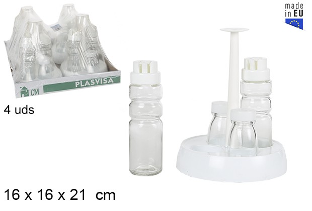 Pack 4 galheteiros e saleiros de vidro na base redondo branca