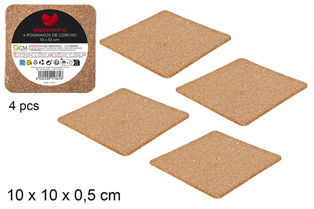 [101361] Pack 4 porta-copos quadrado de cortiça 10 cm