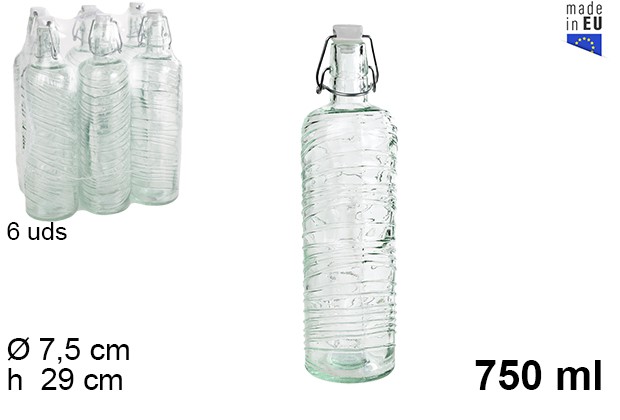 Decorated glass water bottle with mechanical stopper 750 ml