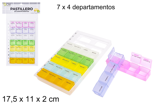 Pastillero plástico 28 departamentos semanal 17,5x11 cm
