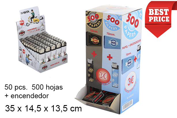 [102654] Display 50 baralho de papel 500 folhas + isqueiro preto