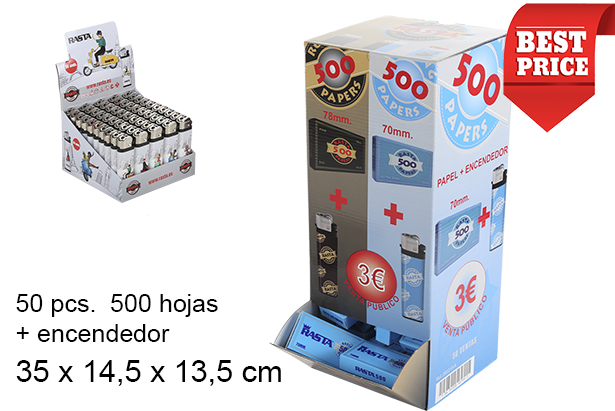 [102655] Espositore da 50 mazzi di carta da 500 fogli + accendino blu