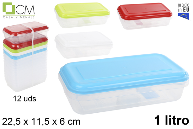 Fiambrera rectangular con tapa colores surtidos 1 l.