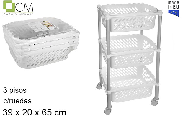 Verdulero rectangular multiusos 3 pisos con ruedas blanco