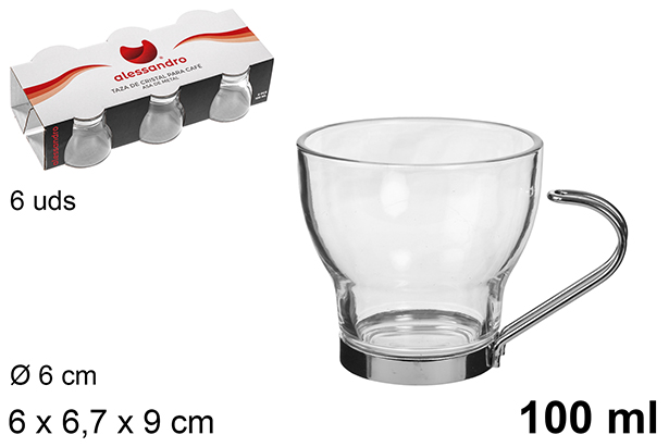 Pack of 6 glass coffee cups with metal handle 100 ml