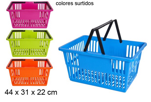 [105184] Rectangular plastic shopping basket with foldable handles in assorted colours