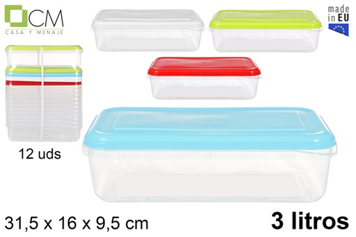 [105459] Boîte à lunch rectangulaire avec couvercle couleurs assorties 3 l.