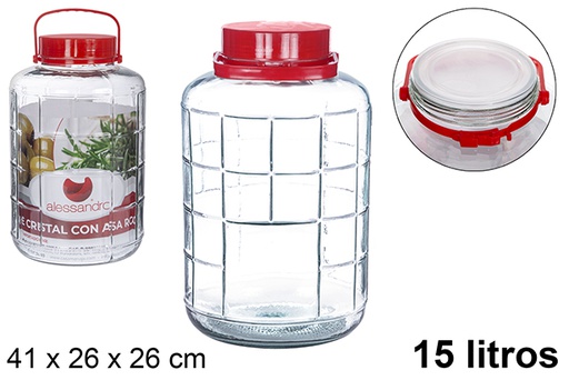 [100018] Bocal en verre avec anse rouge 15 l.