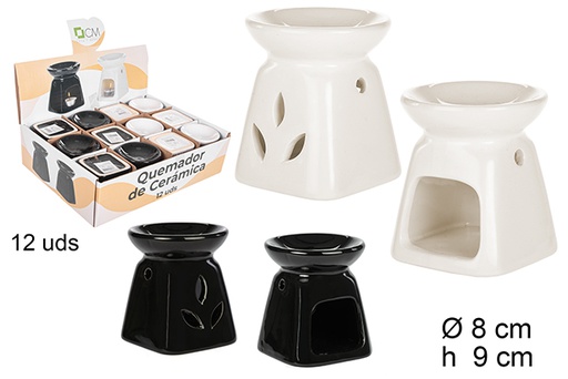 [104515] Quemador cerámica blanco/negro decorado hojas