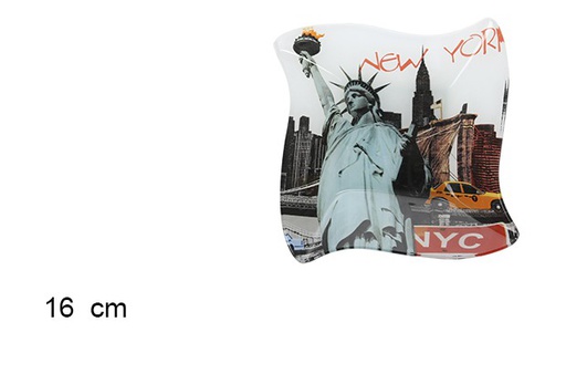 [101213] Piatto quadrato in vetro decorato New York 16 cm