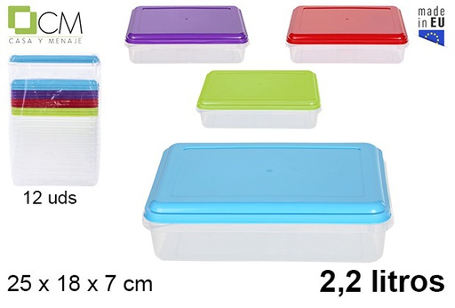 [103007] Boîte à lunch rectangulaire avec couvercle couleurs assorties 2,20 l.