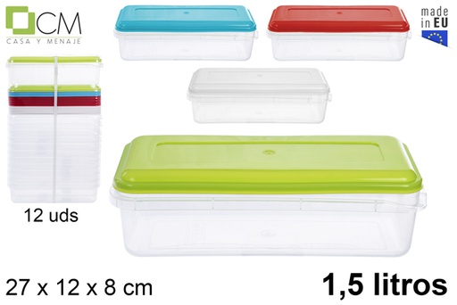 [105811] Boîte à lunch rectangulaire avec couvercle couleurs assorties 1,5 l.