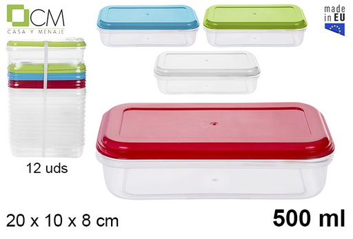 [105812] Rectangular lunch box with assorted colors lid 500 ml