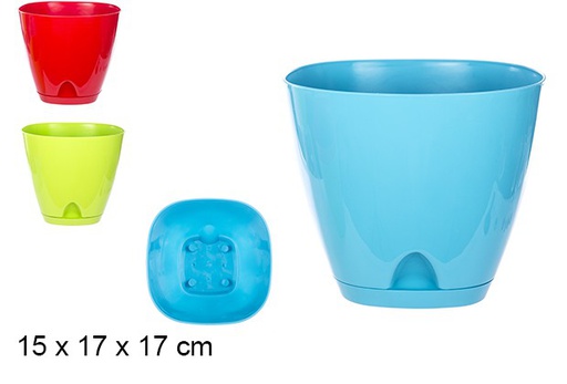 [105677] Maceta plástico con plato azul/rojo/verde 17 cm