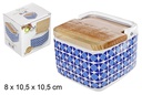 Ceramic salt shaker with wooden lid blue decoration