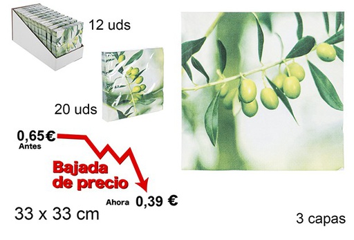[105709] 20 tovaglioli di carta decorati con olive  a 3 veli 33cm