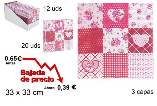 [105717] 20 paper napkins with flowers/hearts  3-ply 33cm