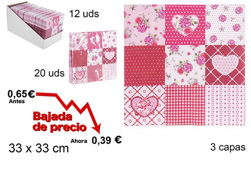 [105717] 20 servilletas decorado flores/corazones 3 capas 33cm