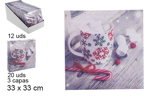 [105699] Pack 20 serviettes 3 épaisseurs décorées tasse de Noël 33 cm
