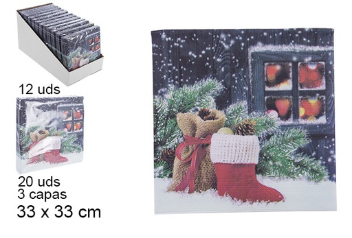 [105702] Pack 20 serviettes 3 épaisseurs décorées Botte de Noël 33 cm
