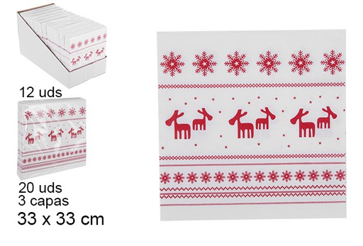[105703] Pack 20 serviettes 3 épaisseurs décorées rennes de Noël 33 cm