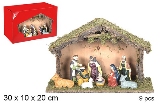 [106276] Presepe, 9 pezzi, mangiatoia in legno, 30x10x20 cm