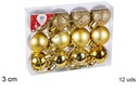 Pack 12 bolas oro brillo/mate/purpurina 3 cm