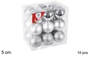 Pack 18 bolas plata brillo/mate/purpurina 5 cm
