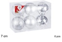 Pack 6 bolas plata brillo/mate/purpurina 7 cm